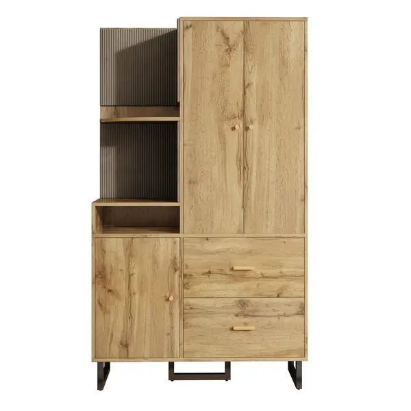Dulap garderobă cu rafturi deschise, bară extensibilă pentru haine, 2 sertare încăpătoare, 110x38x186 cm, Culoare naturală