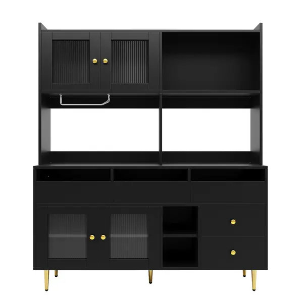 Dulap înalt pentru sufragerie, cu uși cu geam perforat, decor auriu și spațiu mare de depozitare pe mai multe niveluri, 145x39x171 cm, Negru