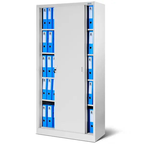 Dulap metalic cu usi glisante, din otel KUBA, 900 x 1850 x 400 mm, gri Cu uși glisante, din oțel KUBA, 900 x 1850 x 400 mm, gri
