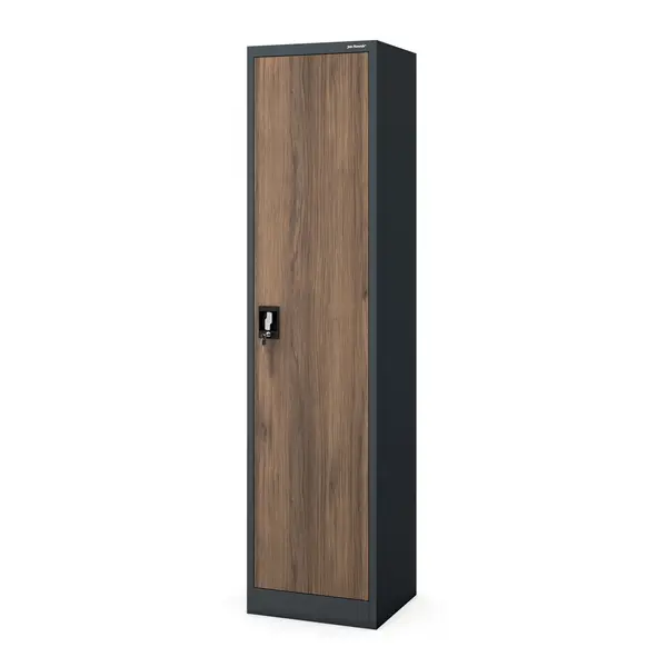 Dulap metalic ingust, cu rafturi ALEX, 450 x 1850 x 400 mm, Eco Design: nuc-antracit Dulap metalic îngust, cu rafturi ALEX, 450 x 1850 x 400 mm, Eco Design: nuc-antracit