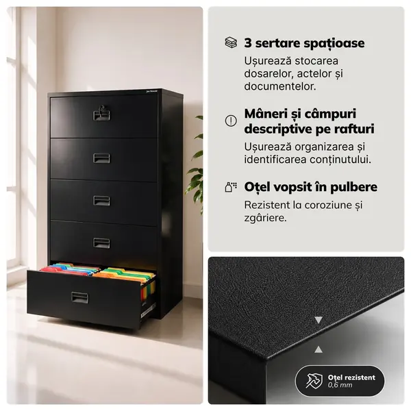 Dulap metalic negru pentru dosare: SARA XL V5, 900 x 1620 x 600 mm Dulap cartotecă metalic, negru, 900x1620x600 mm: SARA XL V5