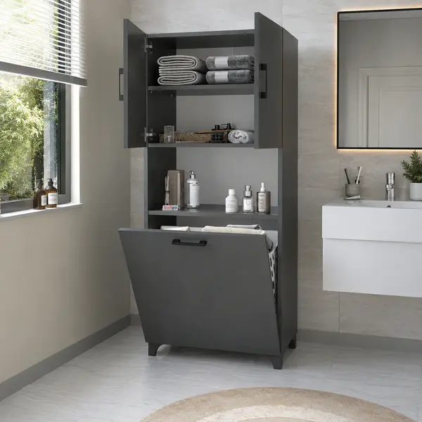 Dulap multifunctional pentru baie sau bucatarie, cu spatiu pentru cos de rufe, 60 x 33,8 x 153,6 cm