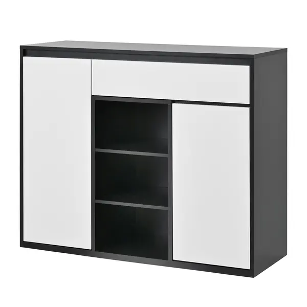 Dulap pentru pantofi cu 2 uși și 1 sertar, cu iluminare LED și raft reglabil pentru încălțăminte, 105x39,5x86 cm, Negru+Alb