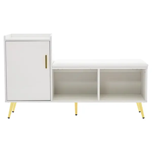 Dulap pentru pantofi cu finisaj lucios, bancă tapițată, rafturi ajustabile și accente aurii, pentru intrare, hol, 120x35x71,5 cm, Alb