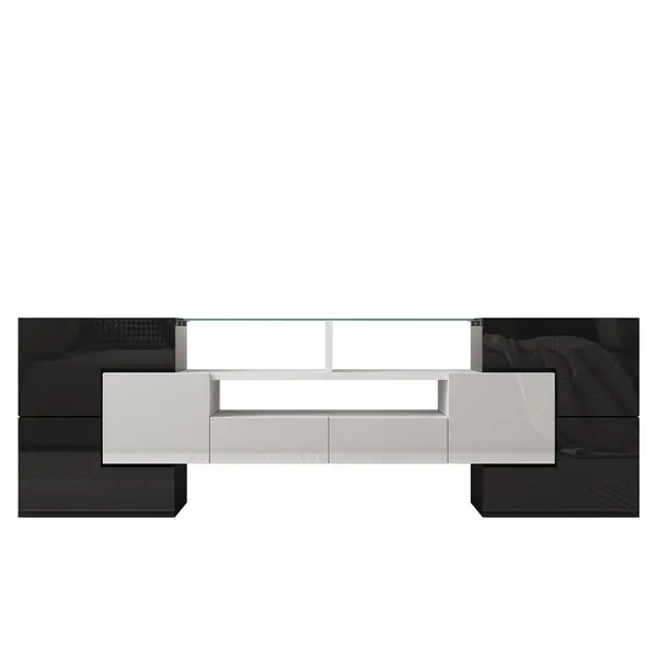 Dulap TV cu iluminare LED, suprafețe din sticlă, cu 6 uși, 2 sertare și 3 compartimente, 145x30x51 cm, Alb+Negru