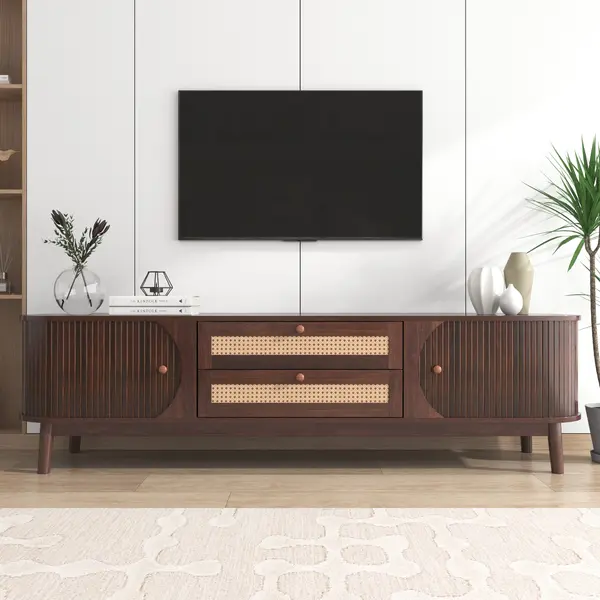 Dulap TV din ratan cu uși și sertare, Culoare naturală | Aosom Romania