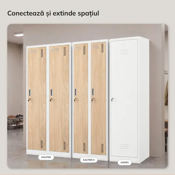 Dulap vestiar pentru angajati cu doua compartimente, alb / stejar sonoma: Eco Design KACPER II, 600 x 1800 x 500 mm Dulap pentru angajați cu două compartimente alb, stejar sonoma, 600x1800x500 mm: KACPER II Eco Design