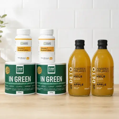 DUO Pachet Complet pentru Digestie, Detox și Abdomen Plat (pentru 2 persoane) - Transport GRATUIT! - 2x In Green + 2x Vitamina C + 2x Oțet