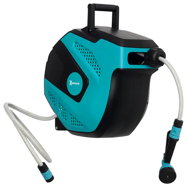 DURHAND Tambur cu Furtun de 15 m Retractabil cu 7 Moduri de Irigare și Kit de Montare, 44x22,5x41 cm, Negru | Aosom Romania