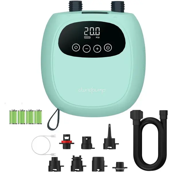 Dwndpump Pompa electrica cu acumulator Dwndpump D16PRO pentru SUP, Caiac, Kite, Saltea, 20PSI, 2600mAh, umflare 2 etape, Umflare-Dezumflare, 7 adaptoare, USB-C