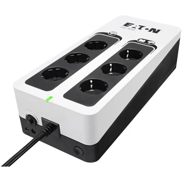Eaton UPS Eaton 3S450D, Gen2 DIN, 450 VA/270 W, Standby, intrare Schuko, 6 iesiri (3 cu baterie si protectie, 3 doar protectie), port USB, interval tensiune 161-284V, protectie supratensiune, suprasarcina, pornire la rece, 3kg, Alb-Negru