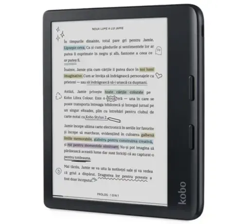 eBook Reader Kobo Libra Colour, Ecran E-Ink Kaleido 7inch, Procesor Dual-Core 2.0GHz, 32GB Flash, USB Type-C, ComfortLight PRO, Wi-Fi, IPX8 + Kobo Stylus 2 (Negru)