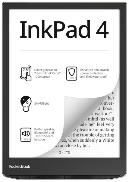 eBook Reader PocketBook Inkpad 4, Ecran E-Ink Carta™ 1200 7.8inch, SMART Light, Procesor Dual Core 1GHz, 1GB RAM, 32GB Flash, Bluetooth, W-Fi, Waterproof IPX8 (Argintiu)