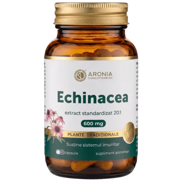 Echinacea 600 mg — 60 capsule cu extract concentrat din plantă, pentru susținerea sistemului imunitar, confort respirator și sprijin împotriva răcelilor | Plante Tradiționale