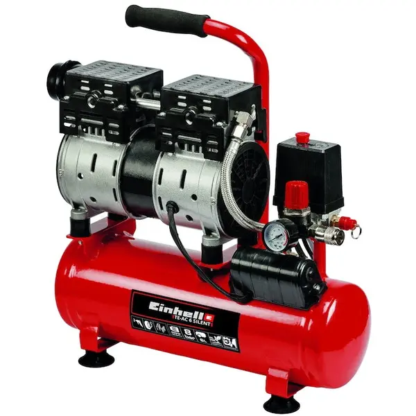 Einhell Compresor fara ulei Einhell TE-AC 6 Silent, 550 W, 8 bar presiune lucru, 6 l capacitate rezervor, 50 l/min debit aer refulat, 110 l/min debit aer aspirat