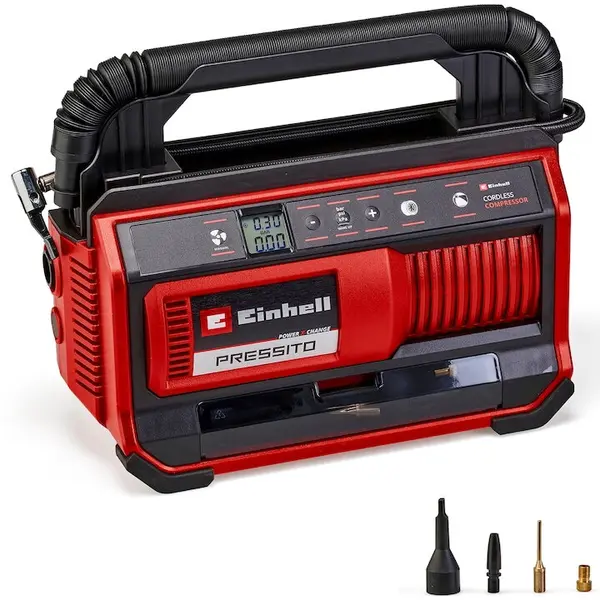 Einhell Compresor pe acumulator Einhell Power X-Change PRESSITO 18/25, 18 V, 11 bar presiune maxima, set de adaptoare din 3 piese, furtun de inalta presiune de 71 cm si furtun de joasa presiune de 1.6 m, fara acumulator/incarcator