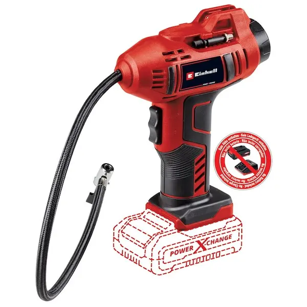 Einhell Compresor portabil pe acumulator Einhell PXC CE-CC 18 Li-Solo, presiune max. 11 bar, manometru digital,furtun 0.6 m,oprire automata,fara acumulator si incarcator in setul de livrare