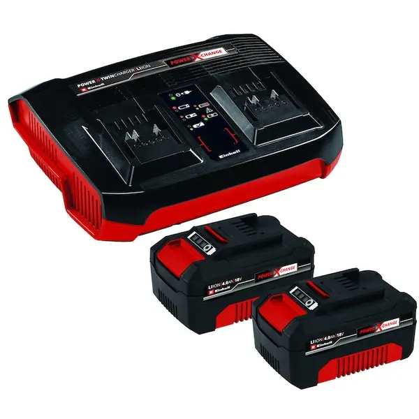 Einhell Kit 2 acumulatori si incarcator dublu Einhell Power X-Change 4512112, 2x4.0 Ah, 18 V, 75 min timp incarcare, 900 W putere maxima