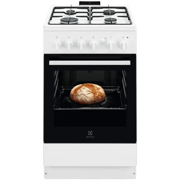 Electrolux Aragaz Electrolux LKG504013W, Gaz, 4 arzatoare, Autocuratare Catalitica, Timer mecanic, Aprindere integrata plita si cuptor, Grill Electric, Rotisor, Iluminare cuptor, 50 cm, Alb