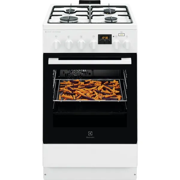 Electrolux Aragaz Electrolux LKK560232W, Mixt, 4 arzatoare, Aprindere integrata, SteamBake, AirFry, Timer electronic, Grill, 50 cm, Clasa A, Alb