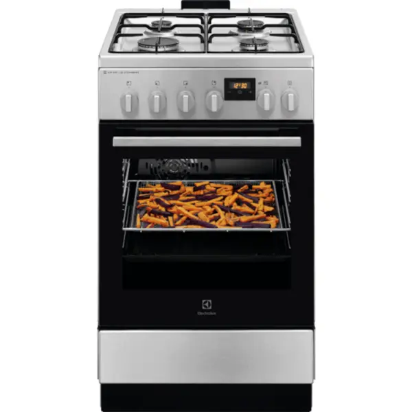 Electrolux Aragaz Electrolux LKK564221X, Mixt, 4 arzatoare, Cuptor electric, Autocuratare catalitica, SteamBake, AirFry, Timer, Grill electric, Clasa A, 50 cm, Inox