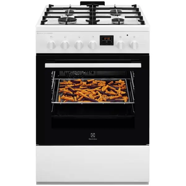 Electrolux Aragaz Electrolux LKK660220W, Mixt, 4 arzatoare , Siguranta plita, Aprindere integrata, Cuptor electric, Plus Steam, AirFry, Timer, Grill electric, Clasa A, 60 cm, Alb