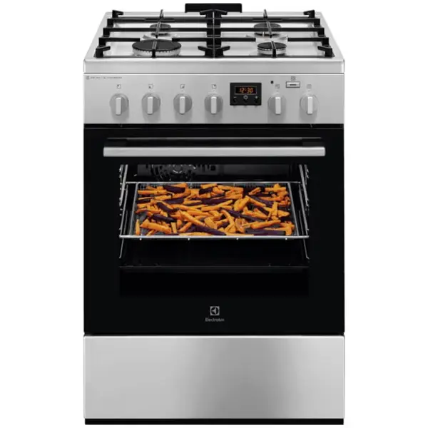 Electrolux Aragaz Electrolux LKK660220X, Mixt, 4 arzatoare , Siguranta plita, Aprindere integrata, Cuptor electric, Plus Steam, AirFry, Timer, Grill electric, Clasa A, 60 cm, Inox