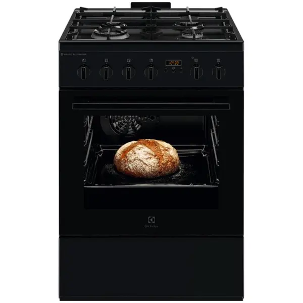 Electrolux Aragaz Electrolux LKK664220K, Mixt, 4 arzatoare, SteamBake-gatire cu abur; AirFry, Autocuratare Catalitica, Timer mecanic, Aprindere integrata plita si cuptor, Grill Electric, Rotisor, Iluminare cuptor, 60 cm, Negru