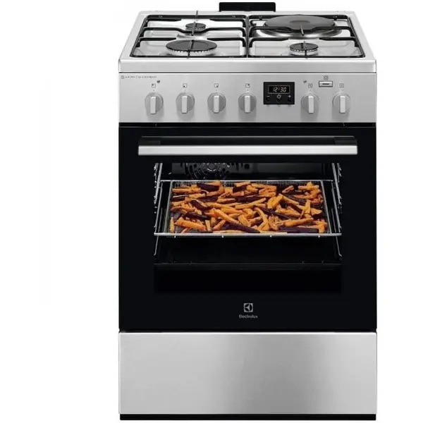 Electrolux Aragaz Electrolux LKM660222X, Mixt, 3 arzatoare gaz + 1 arzator electric, Cuptor electric, SteamBake, AirFry, Timer, Grill electric, Clasa A, 60 cm, Inox antiamprenta