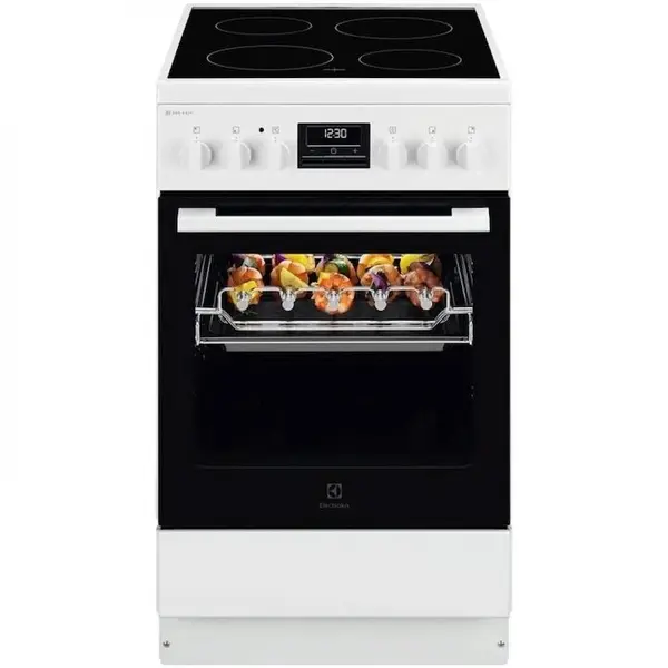 Electrolux Aragaz Electrolux LKR540267W, Electric, Vitroceramica, 4 zone de gatit, Raft BBQ, Timer electronic, Grill, Iluminare cuptor, Clasa A, 50 cm, Alb