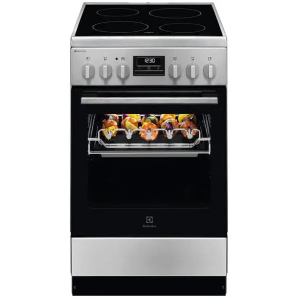 Electrolux Aragaz Electrolux LKR540267X, Electric, Vitroceramica, 4 zone de gatit, Raft BBQ, Timer electronic, Grill, Iluminare cuptor, Clasa A, 50 cm, Inox