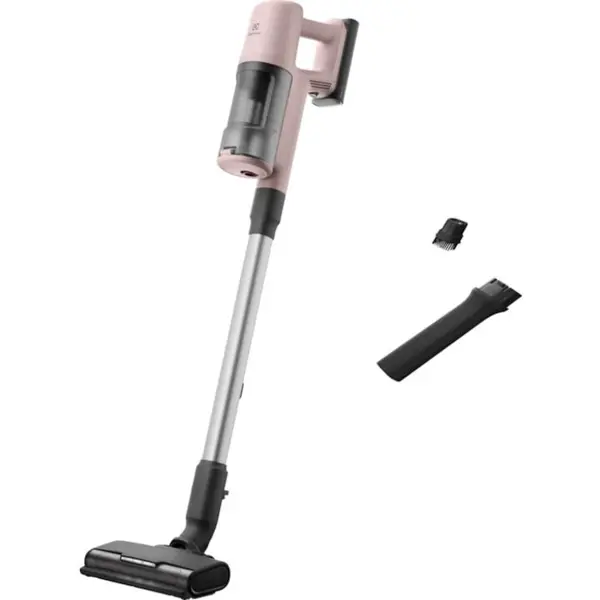 Electrolux Aspirator vertical Electrolux Seria 600 EP61CB21WP, 21.6V, 2500 mAh, recipient praf 0.5l, tub inox, perie PowerPro multisuprafete cu LED, suport de perete, tehnologie ciclonica, duza pentru spatii inguste, 79 dB, autonomie max 50 minute, roz