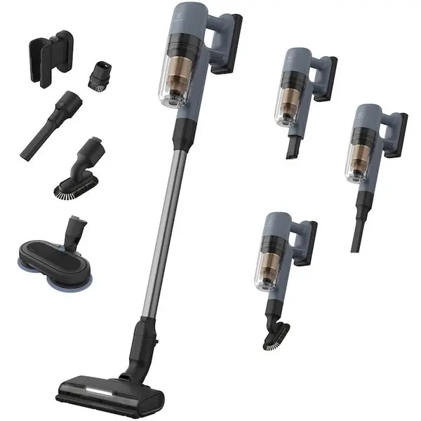Electrolux Aspirator vertical Electrolux Seria 700 EP72H21WET, autonomie max 50 min, motor BLDC, tehnologie filtrare multi-ciclonica, perie multi-suprafete PowerPro cu lumina LED, perie PowerPro Mop+ cu lumina LED, Albastru denim