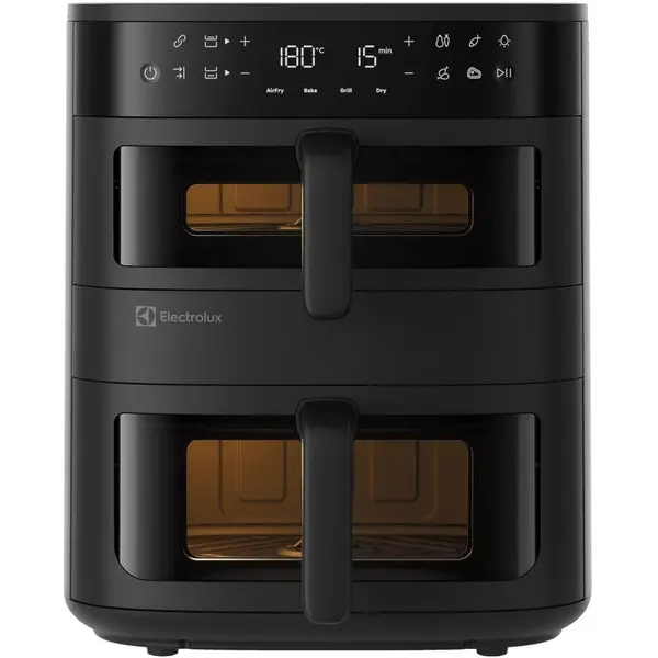 Electrolux Friteuza dubla cu aer cald Electrolux Airfryer Seria 800 EAFD11B, 2700 W, 4 moduri de gatire, 2 cosuri de gatit ilumninate, cu fereastra transparenta dubla si lumina, capacitate 11L, afisaj digital, ecran tactil, tehnologie Meal Syncing, Negru
