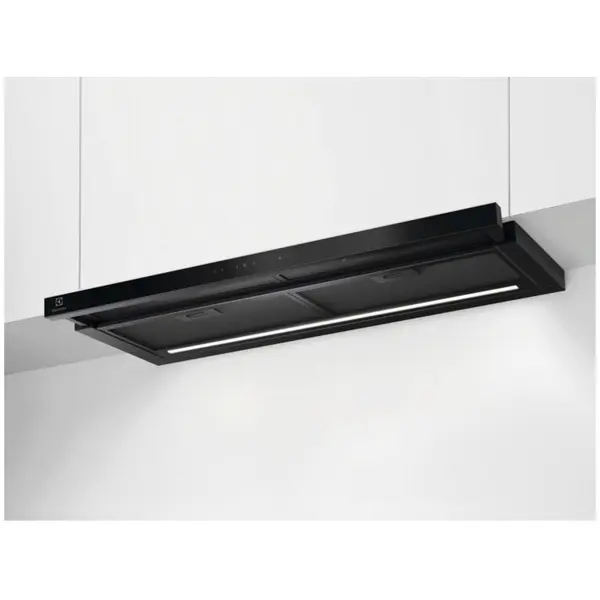 Electrolux Hota incorporabila telescopica Electrolux LFP819K, 90 cm, 1 motor, 3 viteze+intensiv, Panel frontal de sticla, Control electronic, Conectivitate plita, Functie Breeze, Perfect Illumination, 4 filtre de aluminiu lavabile, 650 mc/h, Negru
