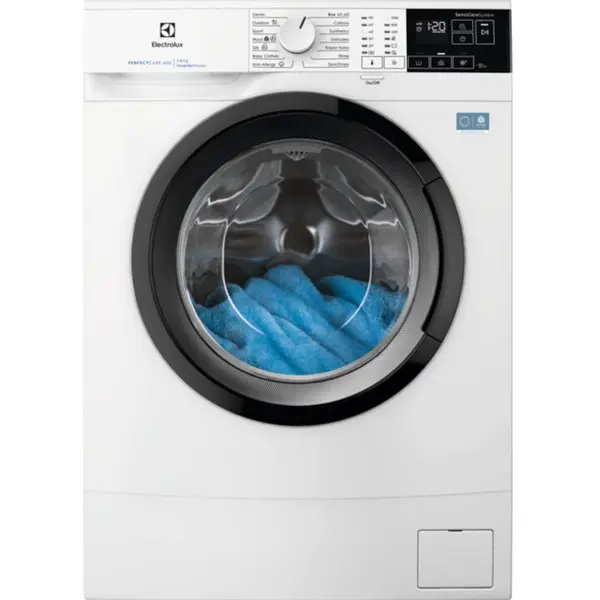 Electrolux Masina de spalat rufe slim ELECTROLUX EWS6406BE PerfectCare600, 6 kg, 1000 rpm, Clasa A, motor Inverter, display LED, Sensicare, Rapid 14 min, Antialergic, Baby, Lana, Outdoor, Denim, TimeManager, SoftPlus, Adancime totala 41.1 cm, alb