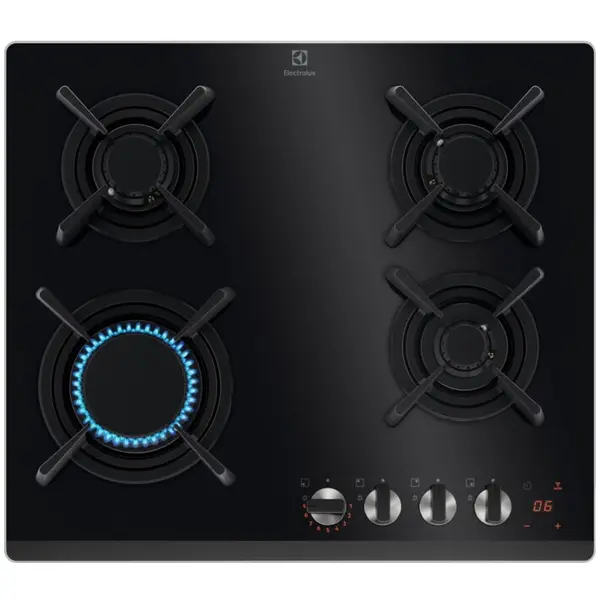 Electrolux Plita incorporabila Electrolux KGG643753K, Gaz, 4 arzatoare, Aprindere electrica, Gratare fonta, Timer electronic, Conectivitate hota, 60 cm, Negru