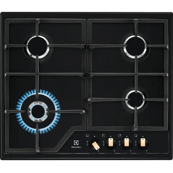 Electrolux Plita incorporabila Electrolux KGS6436RK, Gaz, 4 arzatoare, Aprindere electrica, Dispozitiv de siguranta, Arzator Wok, Gratare fonta, 60 cm, Negru