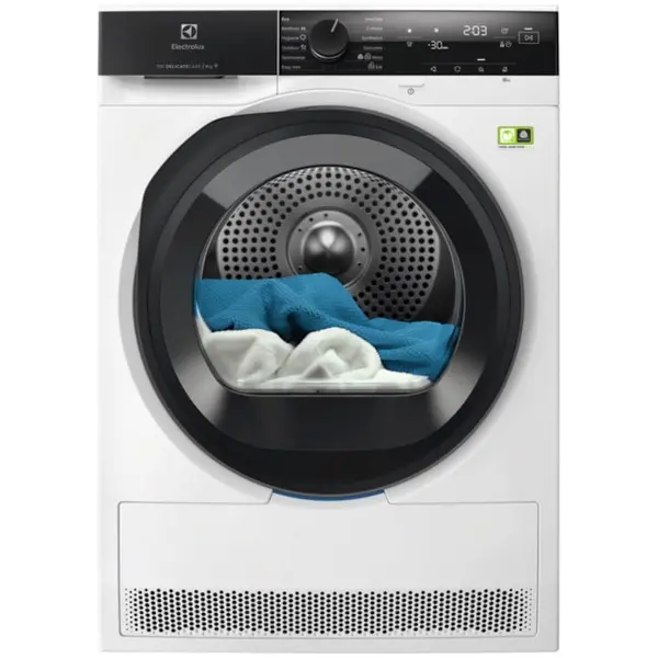 Electrolux Uscator de rufe Electrolux EW7D495UCE, Pompa de caldura, 9 kg, 11 programe, Clasa C, Wi-Fi, Motor Inverter, Display LED, DelicateCare, Sensicare, Usa reversibila, Iluminare interioara tambur, Alb