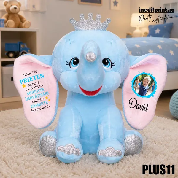 Elefant plus Personalizat PLUS11 Albastru, 35CM