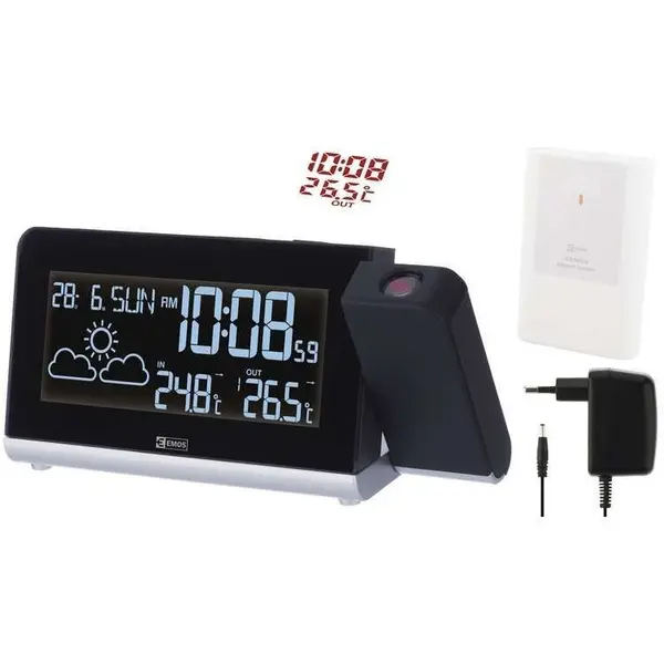 EMOS Statie meteo wireless Emos, cu ceas, alarma si proiectie luminoasa, negru, E8466