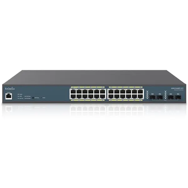 ENGENIUS Switch EnGenius EWS7928FP-Fit, 24 porturi Gigabit POE, 4 porturi SFP, 1 port RJ45, putere 410W, 56Gbps, cu management, montare in rack 19