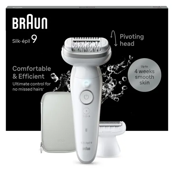 Epilator Braun Silk-epil 9 9-041 Wet Dry, MicroGrip, Smart Light, 2 viteze, 40 pensete, Cap de ras + Pieptene, 1 capac, Geanta de voiaj, Alb Argintiu