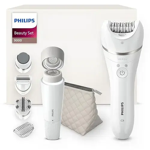 Epilator electric Philips, BRE770/92, set complet cu cap de ras, cap pentru masaj, dispozitiv pentru par facial, pila pentru picioare (Alb)