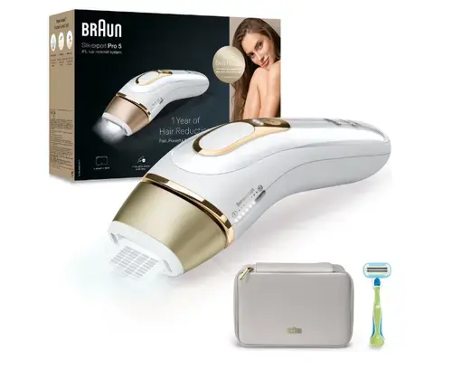 Epilator IPL Braun Silk-expert PRO 5 PL5052 Senzor automat & continuu Skin pro 2.0, 400.000 impulsuri, 10 niveluri de intensitate, 125 de impulsuri pe minut, Trusa de voiaj, Aparat de ras Venus (Alb/Auriu)