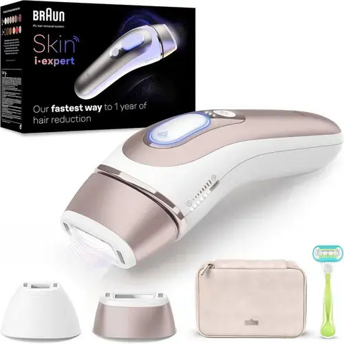 Epilator IPL BRAUN Skin i-Expert Pro 7 PL7147, 400000 impulsuri, 10 viteze, 3 accesorii, SkinPro 2.0, retea (Alb/Bronz)