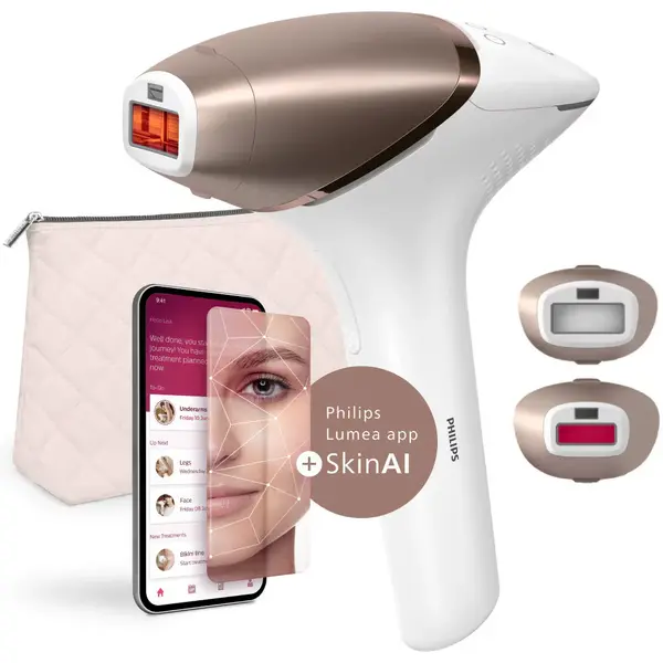 Epilator IPL Philips Lumea Seria 9900 BRI950 01, senzor SmartSkin, conectare la aplicatia cu functia Skin AI, utilizare cu sau fara fir, 450.000
