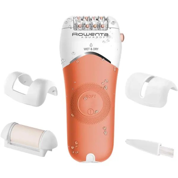 Epilator Rowenta Aqua Soft EP4920F0, 40 min autonomie, Wet&Dry, 24 pensete, 2 viteze, 4 accesorii, Skin Respect technology, bile pentru masaj, corai