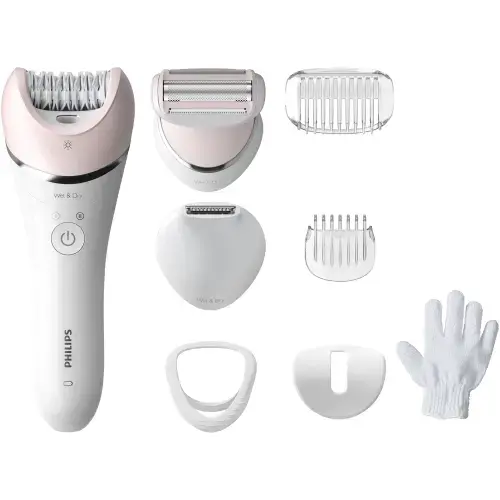 Epilator umed si uscat Philips Seria 8000 BRE721/00, 8 accesorii, 32 pensete, utilizare fara fir, 2 setari viteza, opti-light, discuri ceramice, Alb/Argintiu
