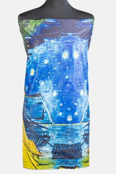 Esarfa cashmere cu doua fete imprimata cu model inspirat dupa Cafeneaua de Van Gogh